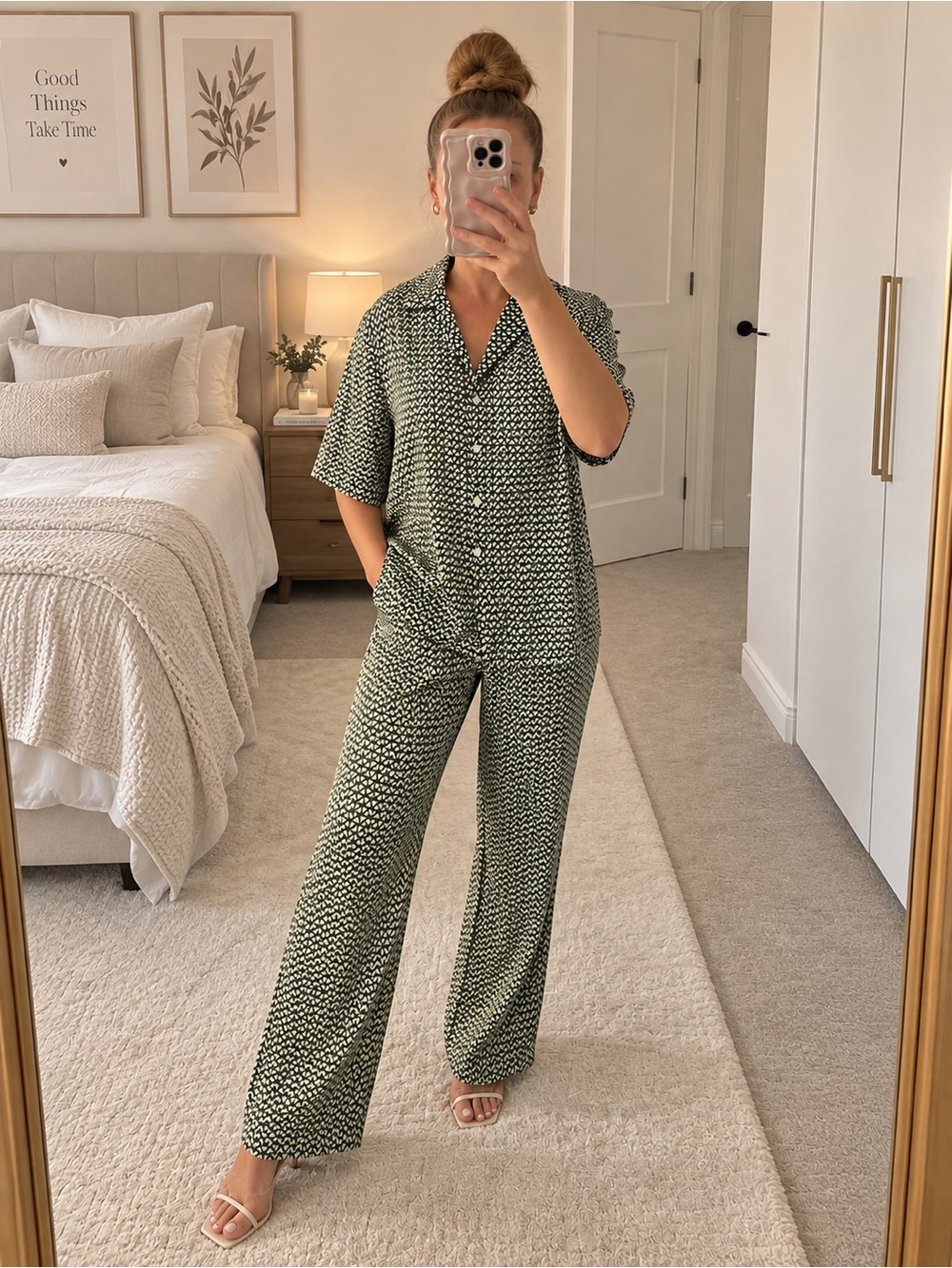 H&M Olive Green Printed Button-Front Matching Set